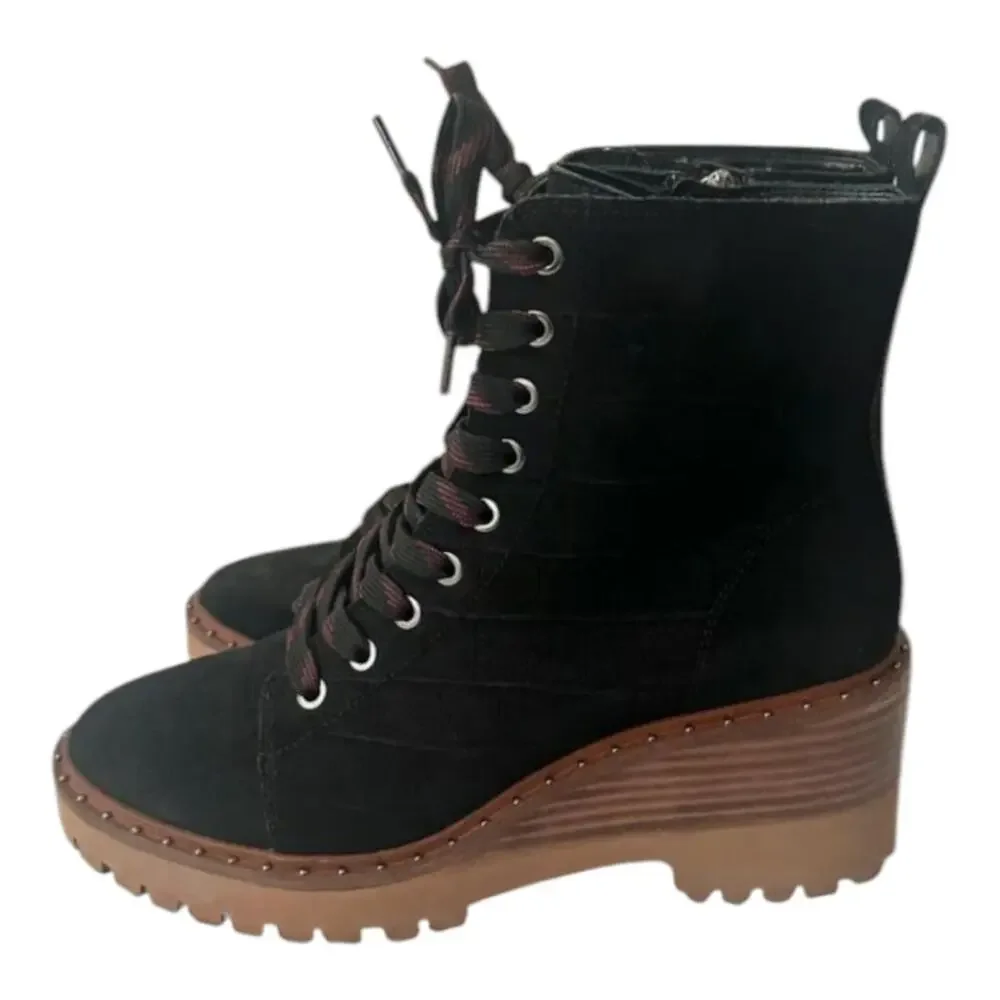 Vince Camuto Debsen Black Suede Croc Lug Sole Platform Combat Boot Lace Up 8.5